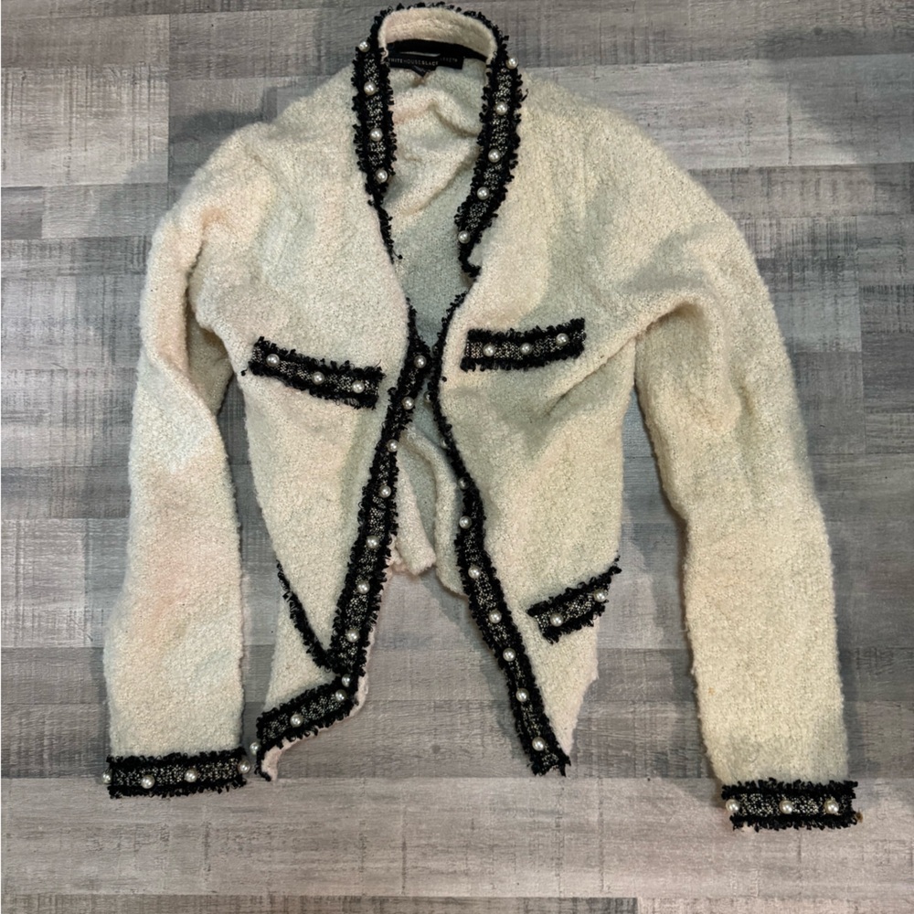 White House Black Market Cream Sweater with Black Lace and Pearls
